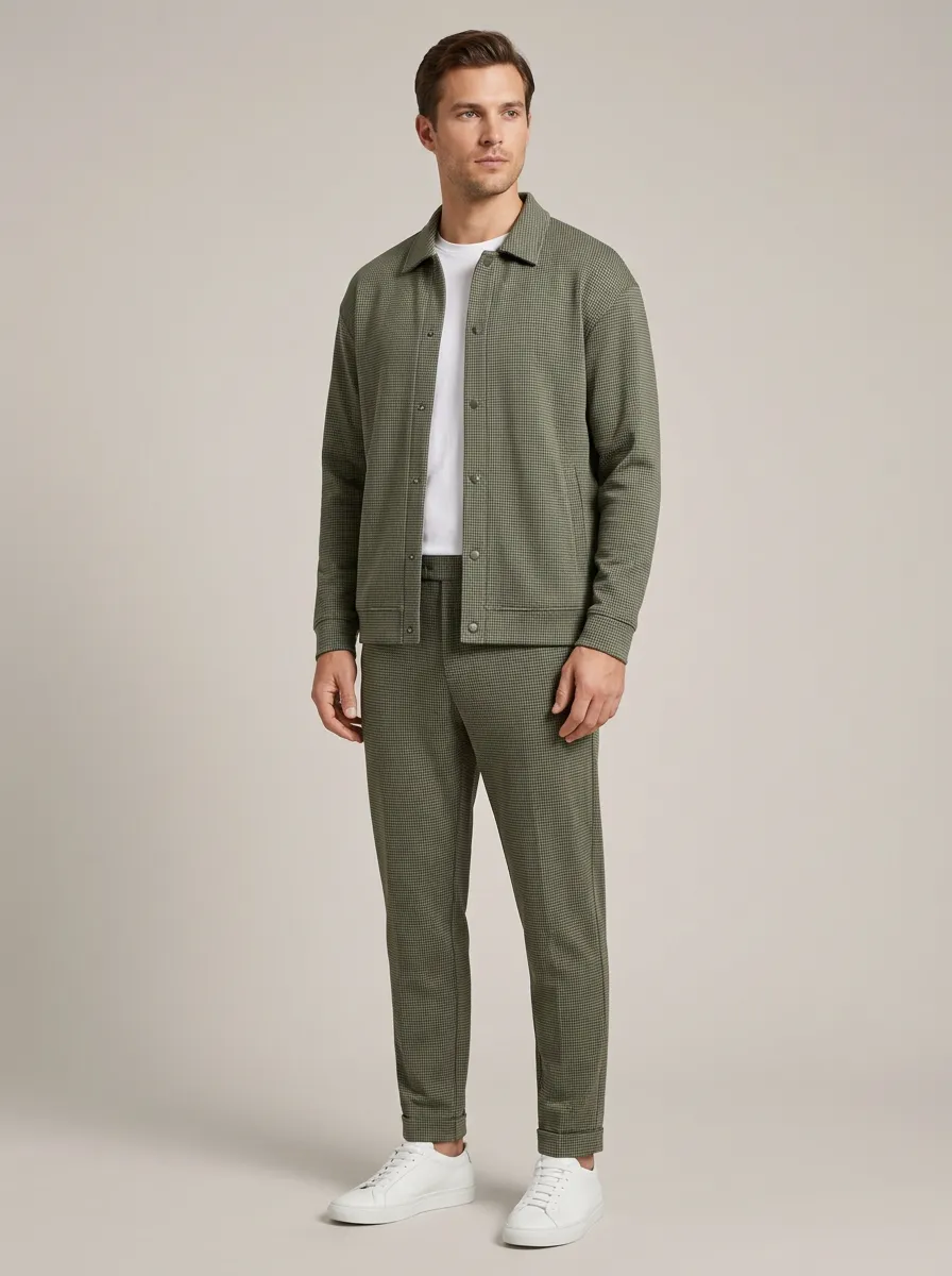 Men's Relaxed Houndstooth Polo Collar Jacket and Jogger Pants Set