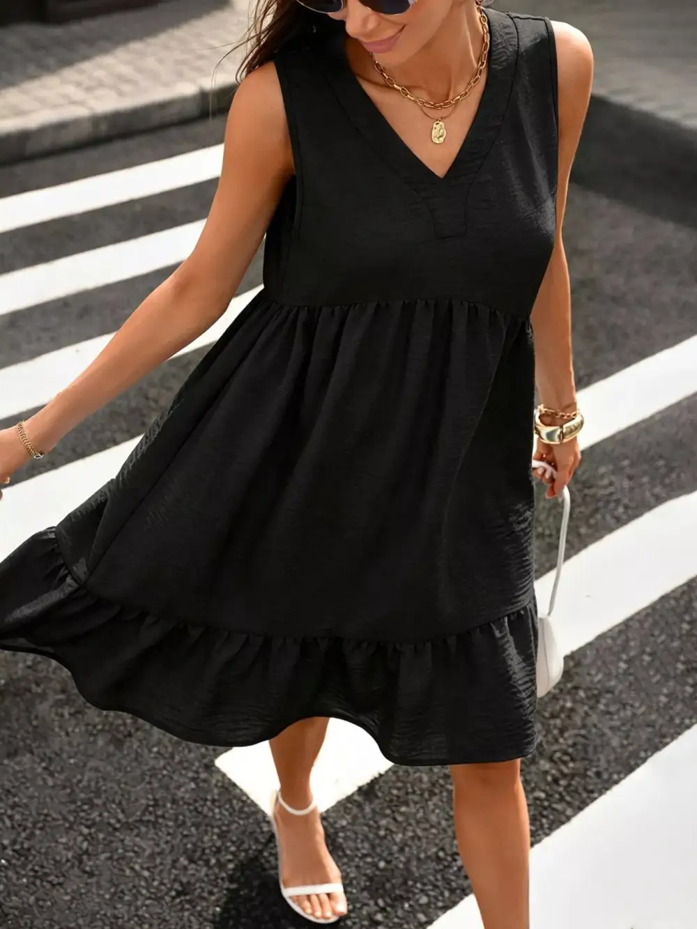 V Neck Ruffle Sleeveless Dress Casual