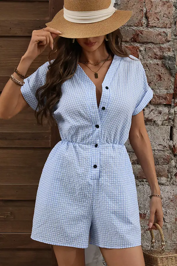 Print Button V Neck Casual Rompers