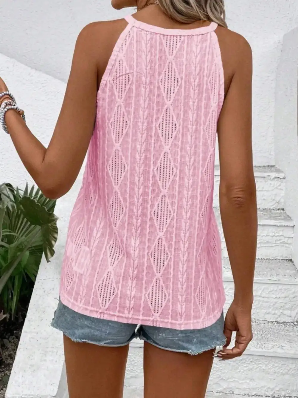Round Neck Eyelet Textured
