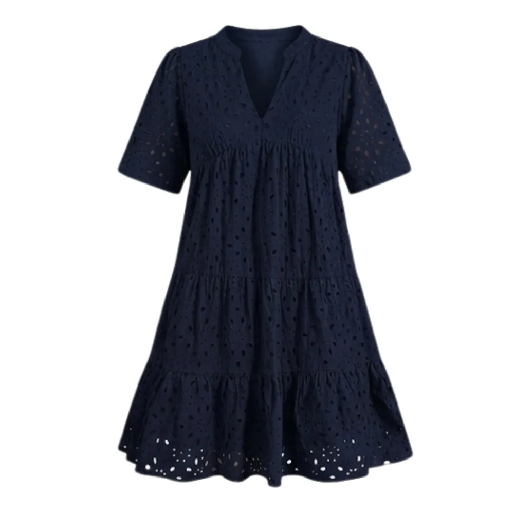 V Neck Flowy Eyelet Midi Dress