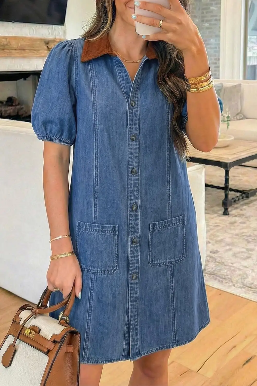 Denim Short Puff Sleeve Color Block Shirt Collar Patchwork Mini Dress