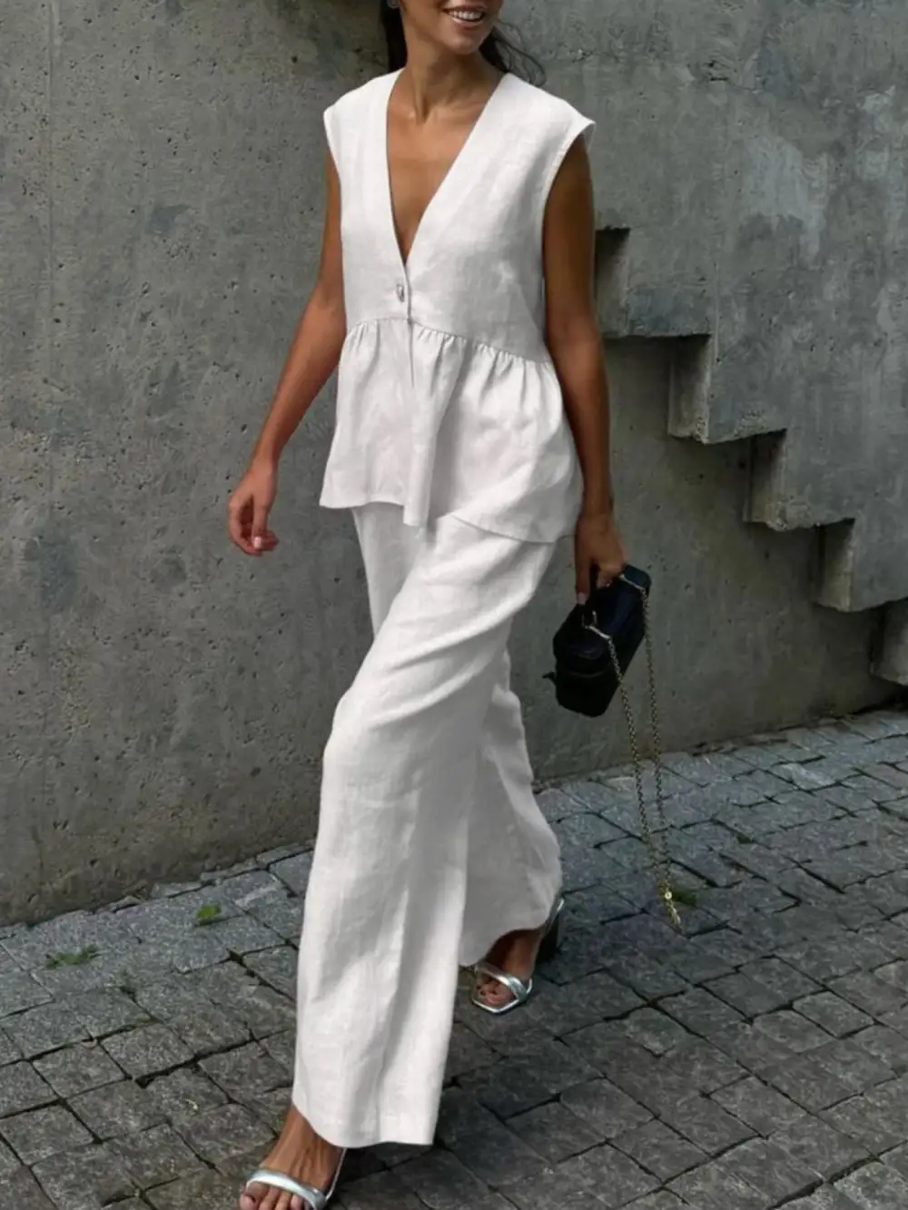 One Button Sleeveless Top and Wide-leg Pants Set
