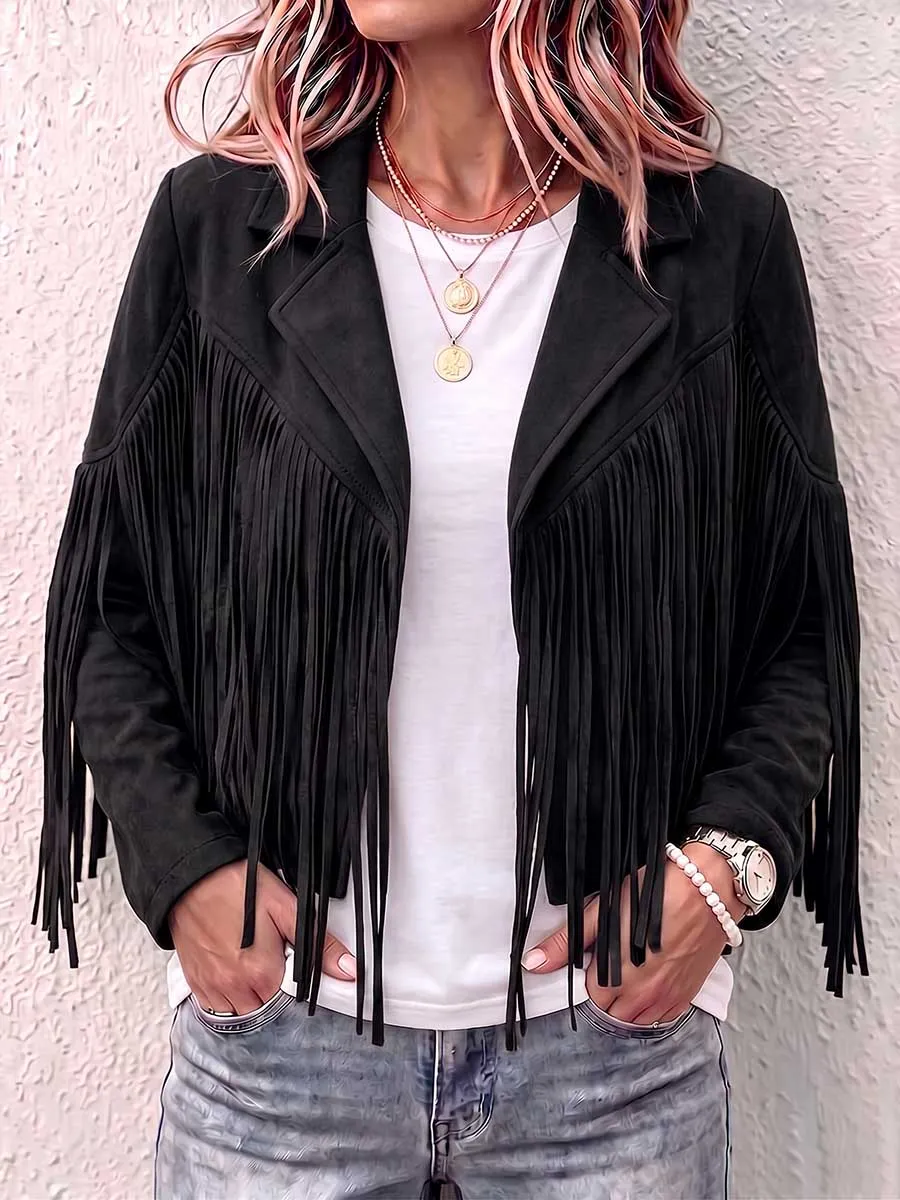 Women S Solid Color Lapel Long-sleeved Casual Loose Tassel Jacket