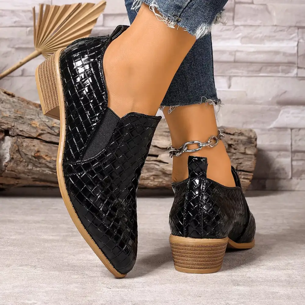 Textured Point Toe Block Heels Ankle Boots