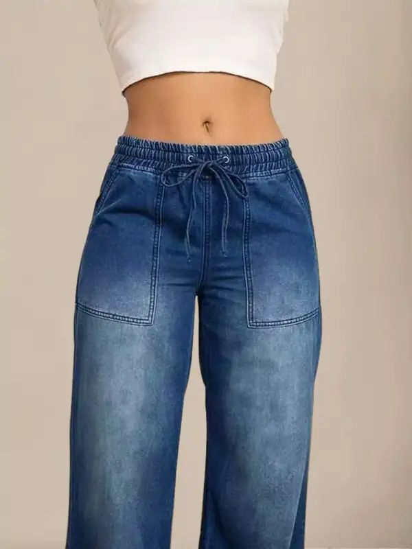 Wide Leg Drawstring Denim Jeans