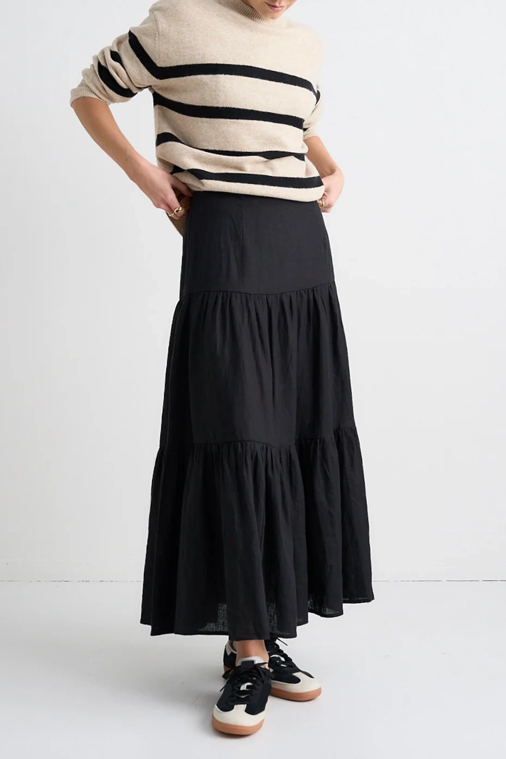 Black Tiered Linen Midi Skirt
