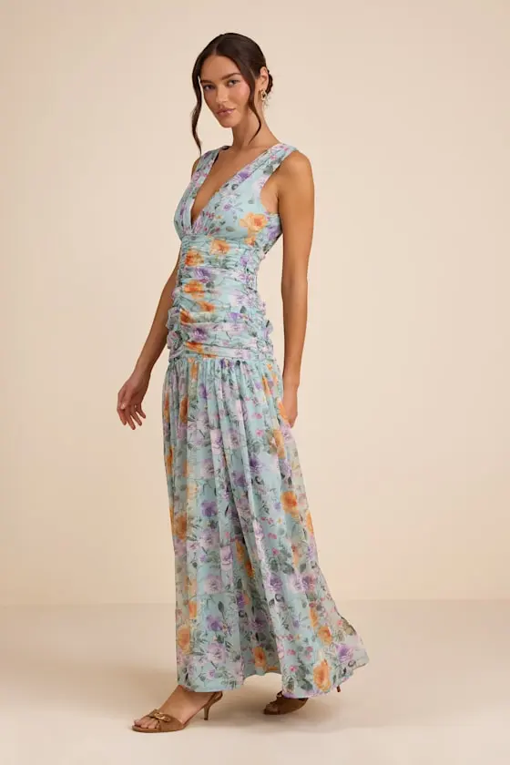 Melisandre Light Blue Floral Drop Waist Maxi Dress