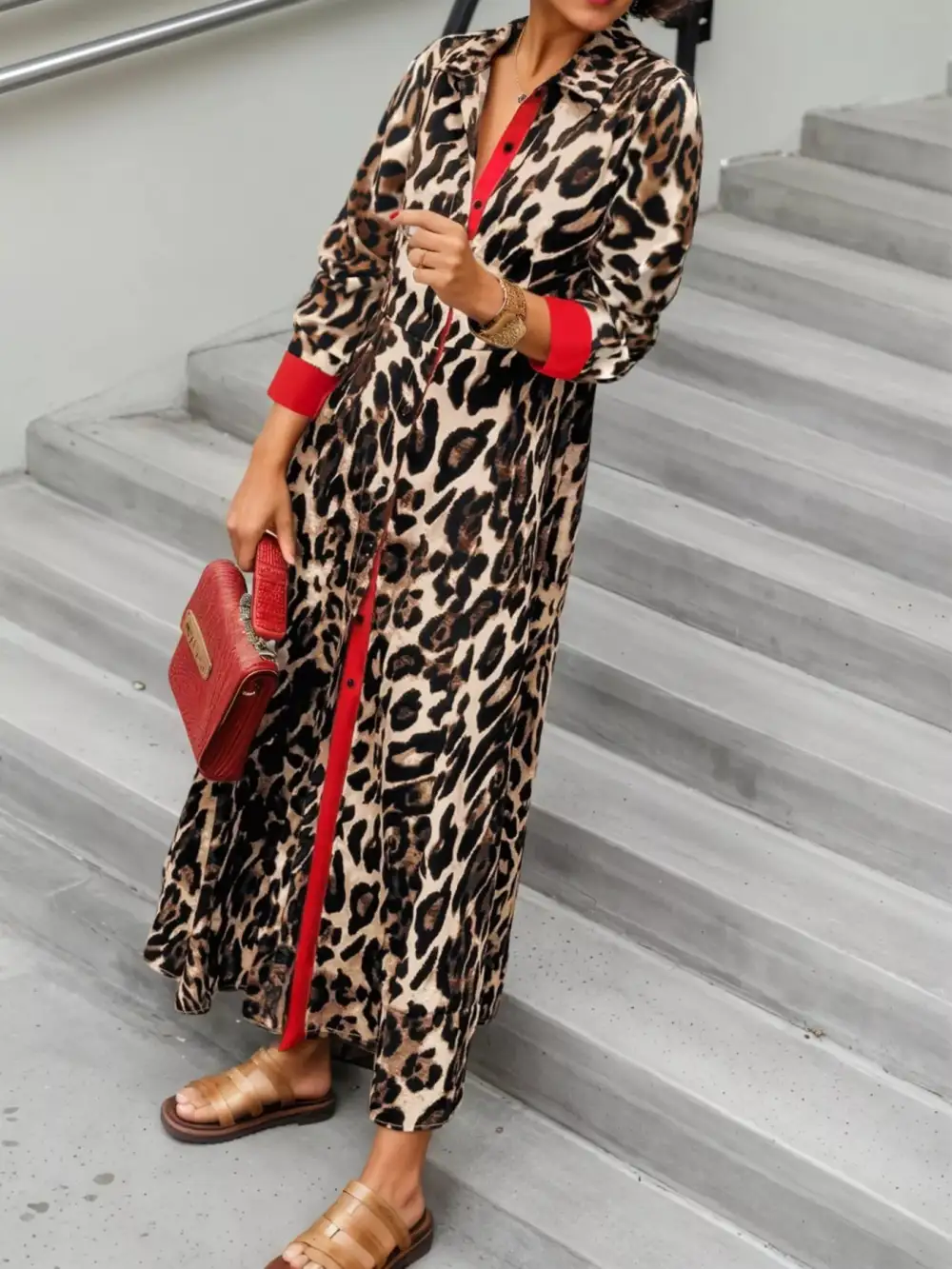 Long Sleeve Printed Colorblock Maxi Dress