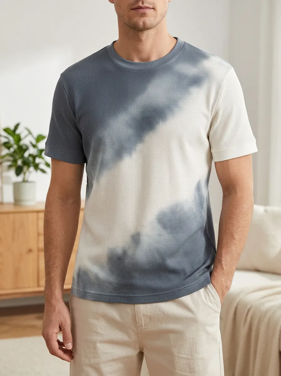 Men's Diagonal Tie-dye Waffle Knit Crew Neck T-Shirt