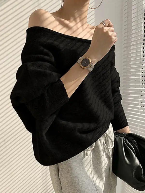 Casual Off Shoulder Long Sleeve Relaxed Fit Sweater