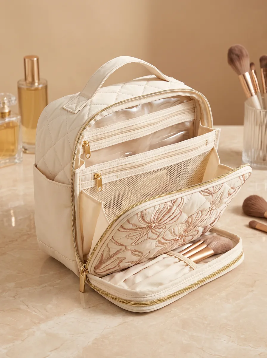 Floral Embroidery Quilted Beige Printed Makeup Bag