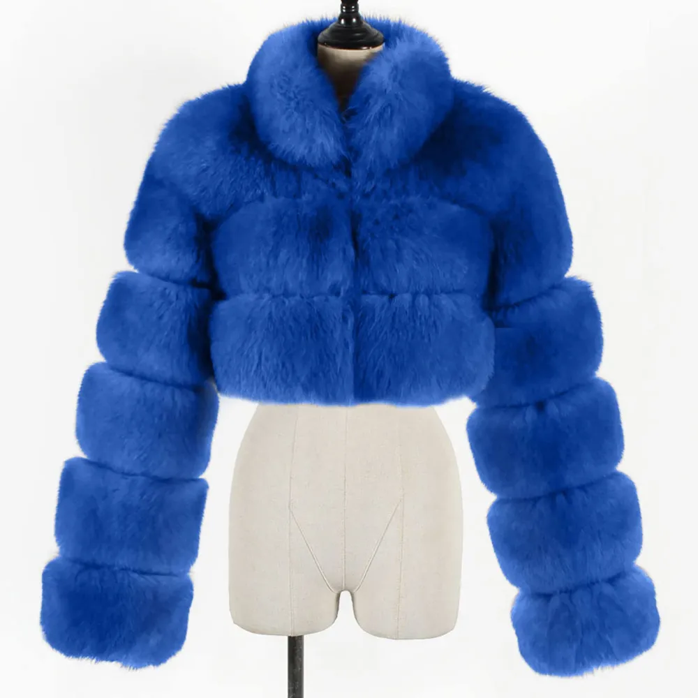 X1-Blue Faux Fur Coat Women with Hood Cropped Bubble Coats Fleece Short Warm Jackets Plus Size Winter Coats for Women