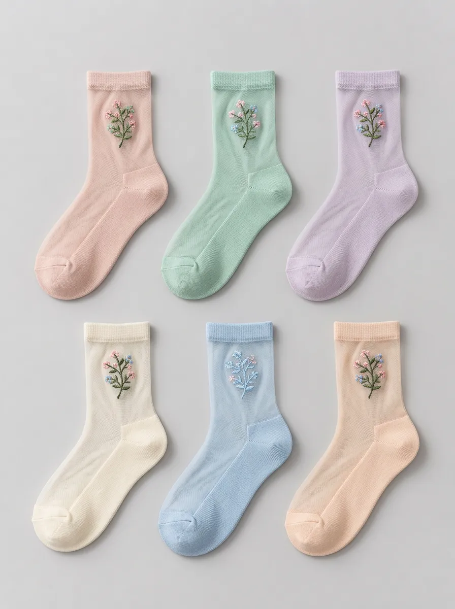 Women's Pastel Floral Embroidered Sheer Crew Socks 6-Pack