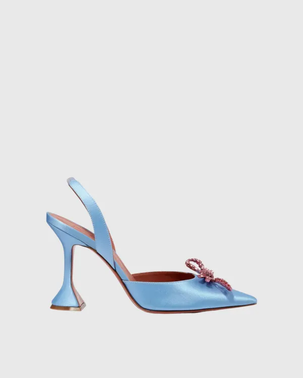 Crystal Bow Satin Slingback Pumps in Sky
