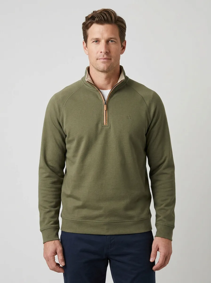 Men's Classic Minimalist Contrast-Trim Textured Raglan Embroidered Emblem Quarter-Zip Sweatshirt