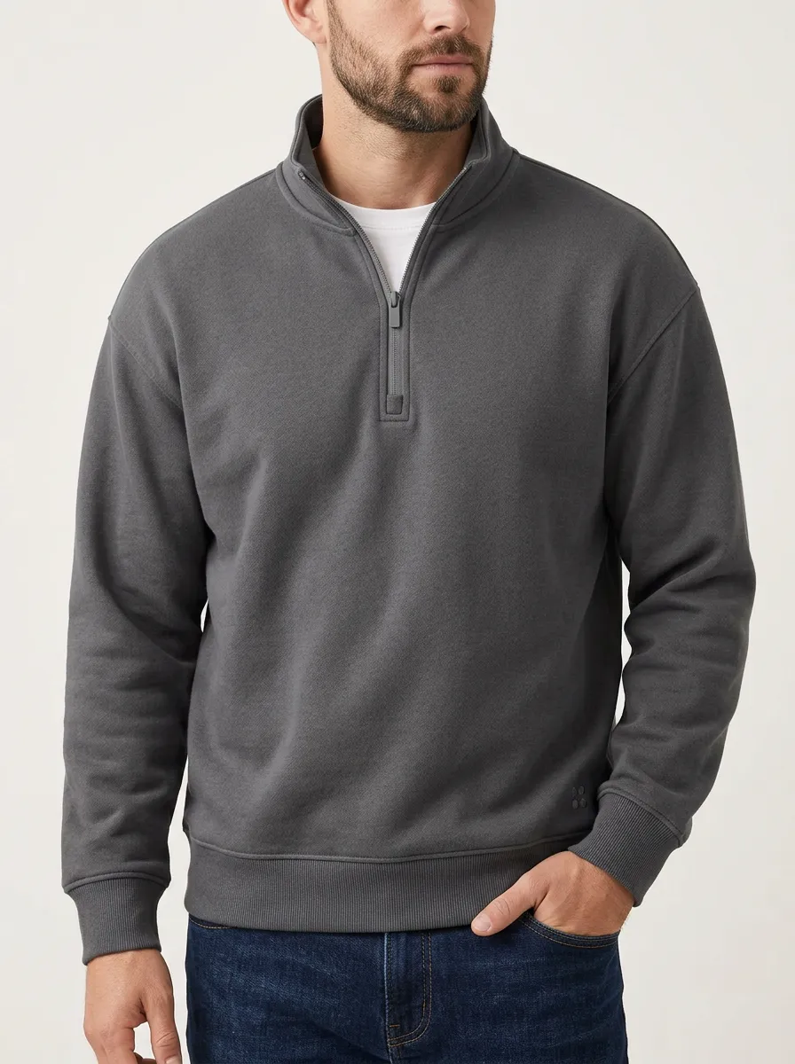 Men's Weekend Minimalist Textured Embroidered Emblem Quarter-Zip Sweatshirt