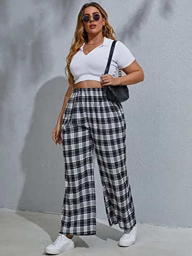 Women's Plus Size Casual Plaid Elastic High Waist Wide Leg Pants