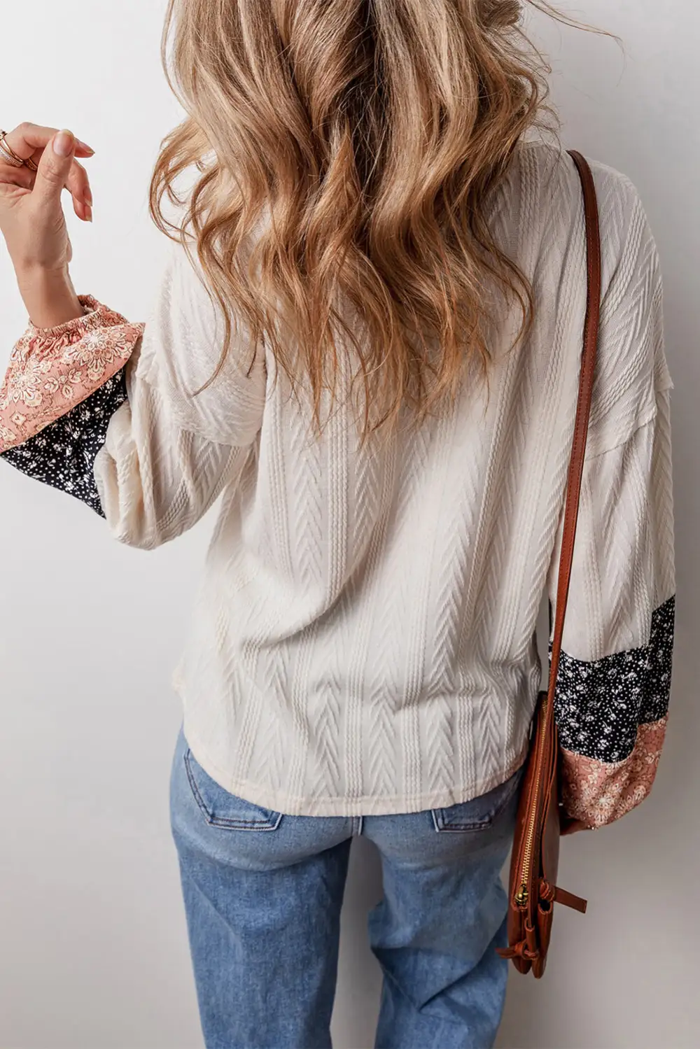 Refined Floral Patchwork Textured Knit Drawstring V Neck Blouse