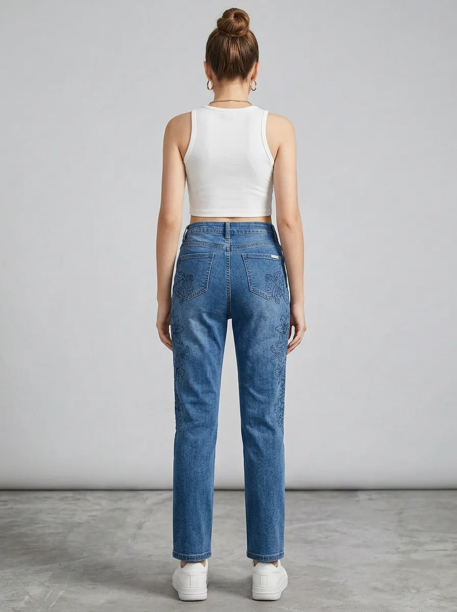 Women's Classic Floral Pattern Embroidered Straight Jeans