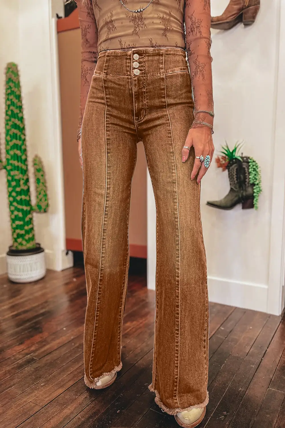Everyday Flare High Waist Raw Hem Button Jeans