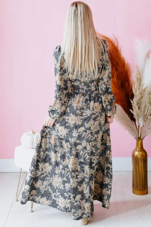 Layered Detail Floral Printed Split Neck Maxi Dress