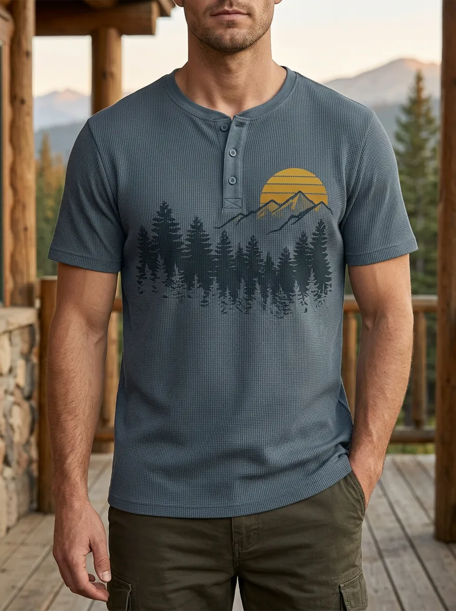Men's Casual Nature Lover Mountain Forest Sunset Henley T-Shirt
