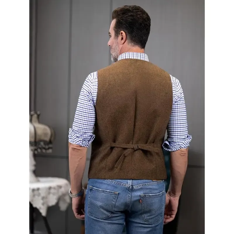 Men's Tweed Cowboy Vests Hunting Fishing Wool Herringbone