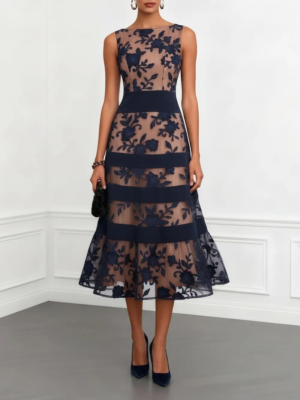 Elegant Flocked Floral Sheer Midi Dress