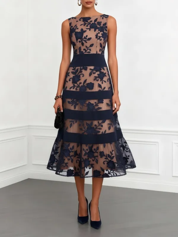 Elegant Flocked Floral Sheer Midi Dress