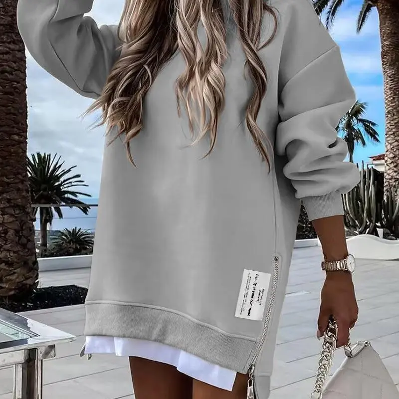 Women's Long Sleeve Pullover Sweatshirt Zipper Slit Casual Dress Drop Shoulder Oversized Outfits