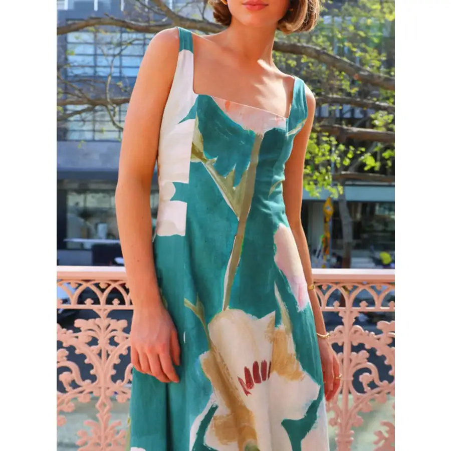 Relaxed Floral Print Square Neck Maxi Dress