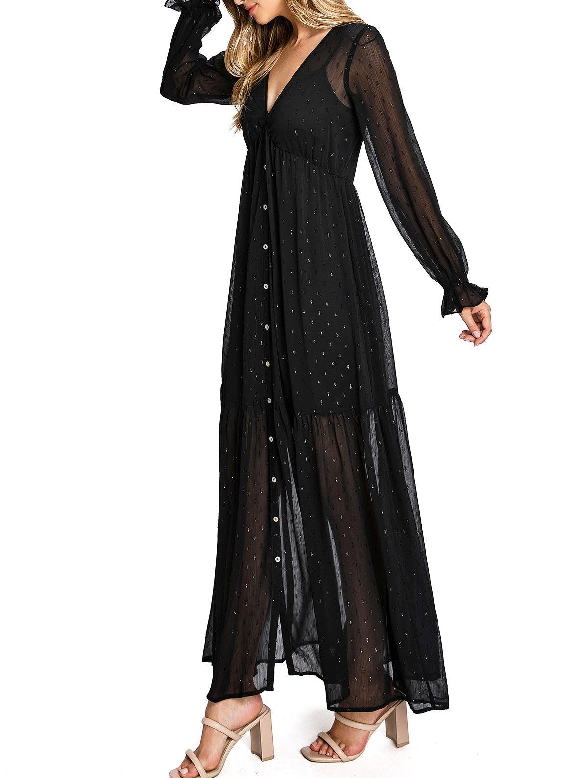 Black Chiffon - Sleeve Button - Front Maxi Dress