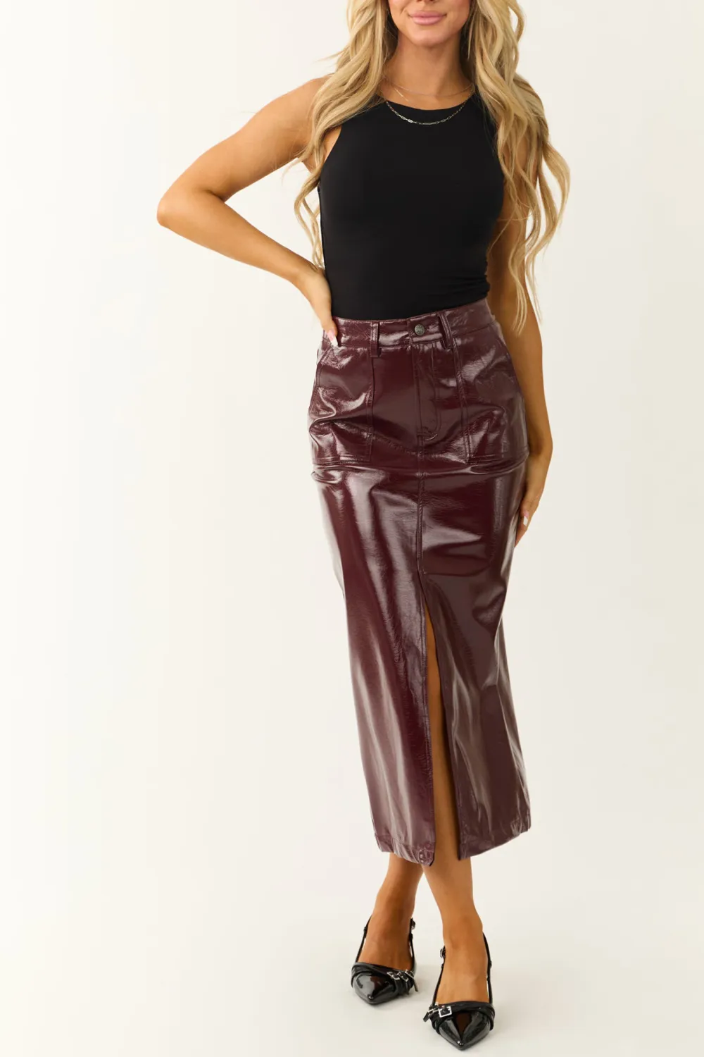 Wine Shiny Faux Leather Front Slit Midi Skirt