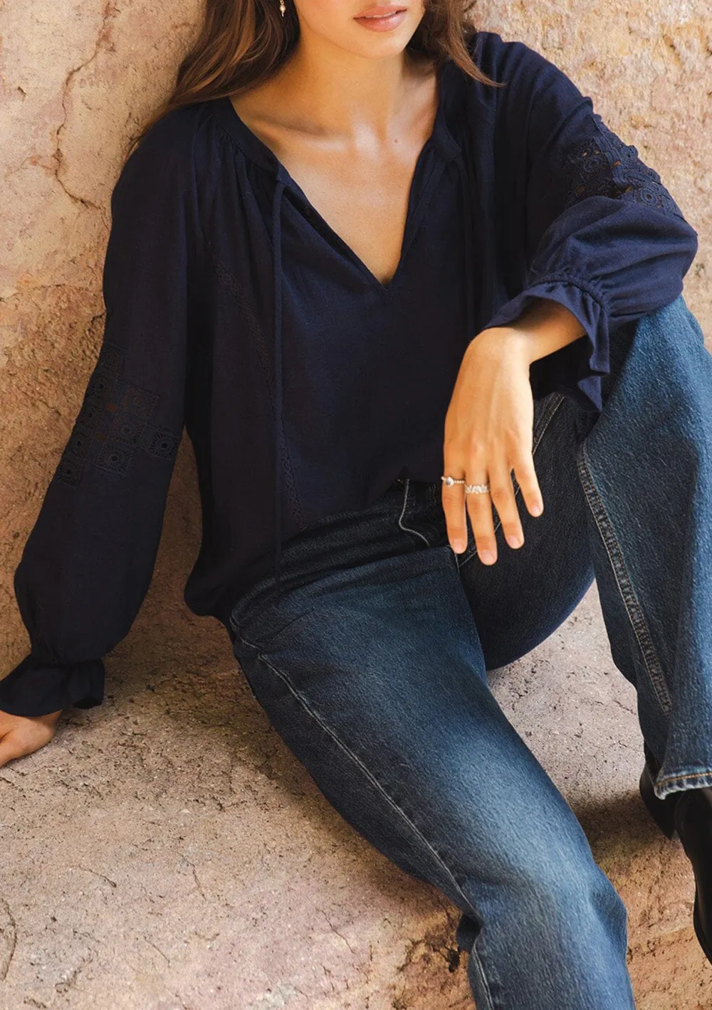 Embroidered Ruffle Sleeve Blouse