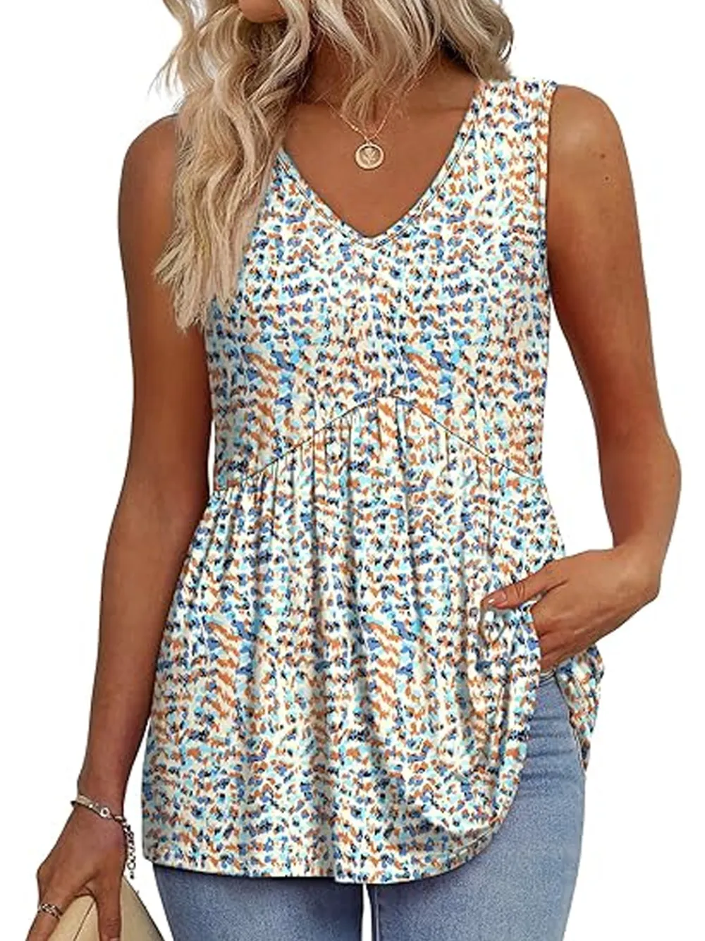 Womens Tank Tops 2025 Flowy Peplum Tops For Women Dressy Sleeveless V Neck Babydoll Tank Tops