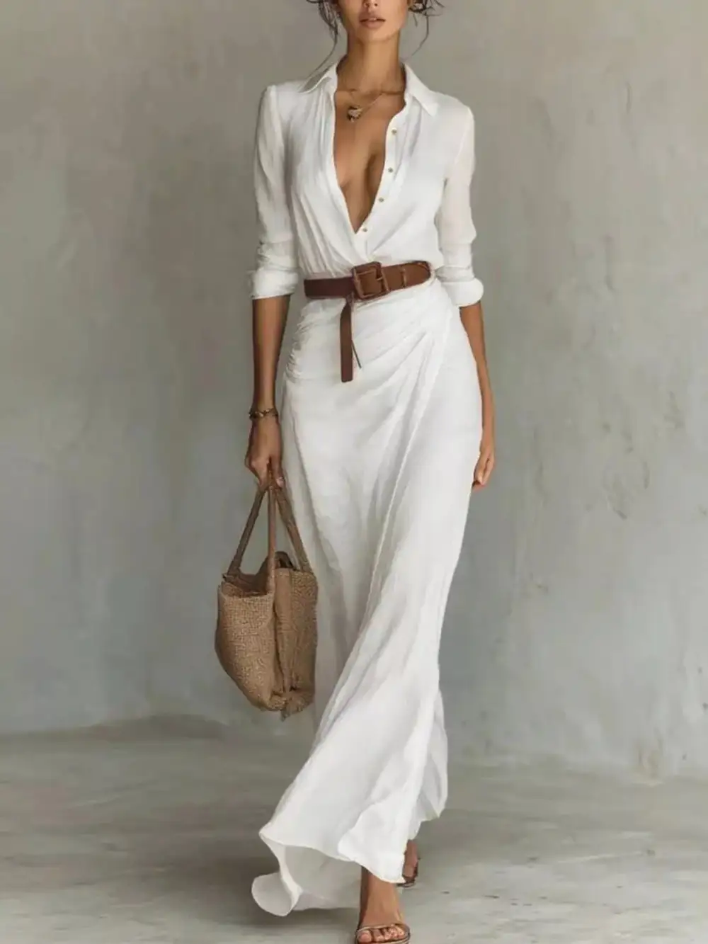 Gathered Detail Ruched Long Sleeve Maxi Dress