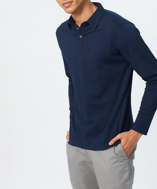 Deep Blue Long Sleeve Cotton Polo Shirt