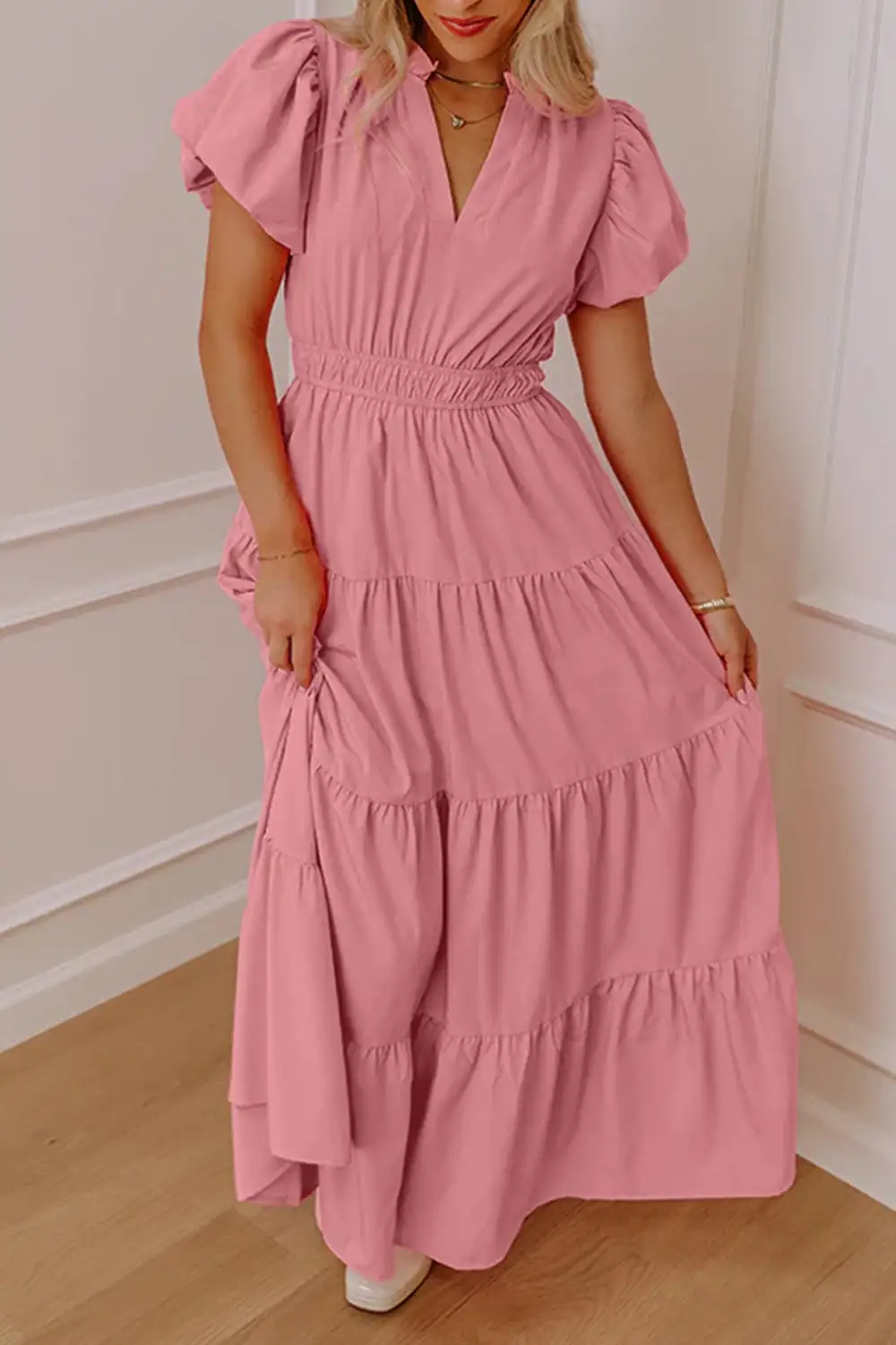V Neck Tiered Puff Sleeve Maxi Dress