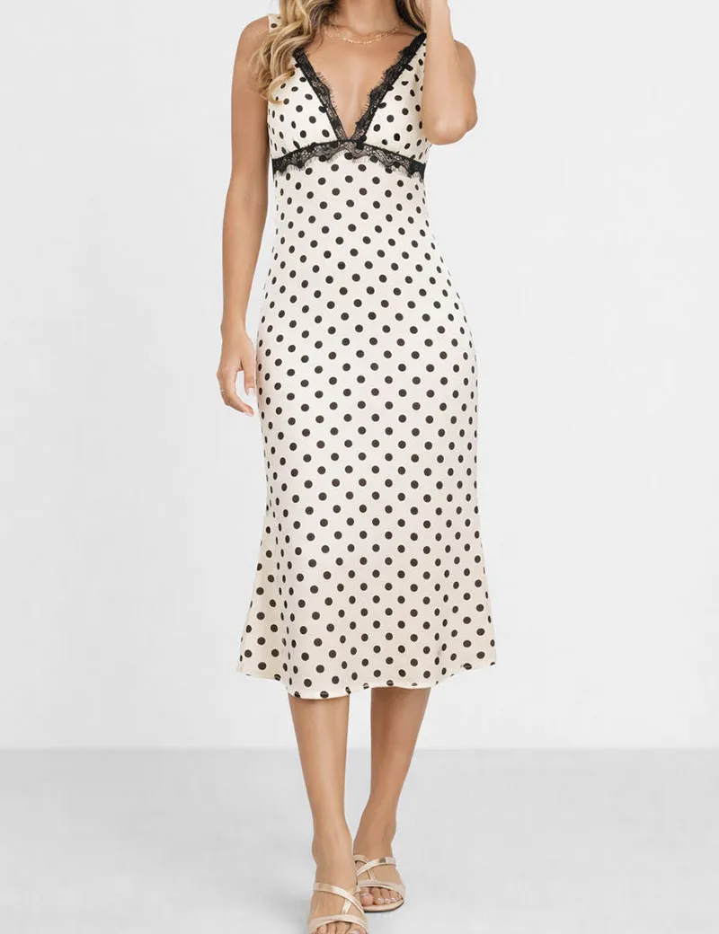 Chic Polka Dot Lace Trim V Neck Sleeveless Midi Dress