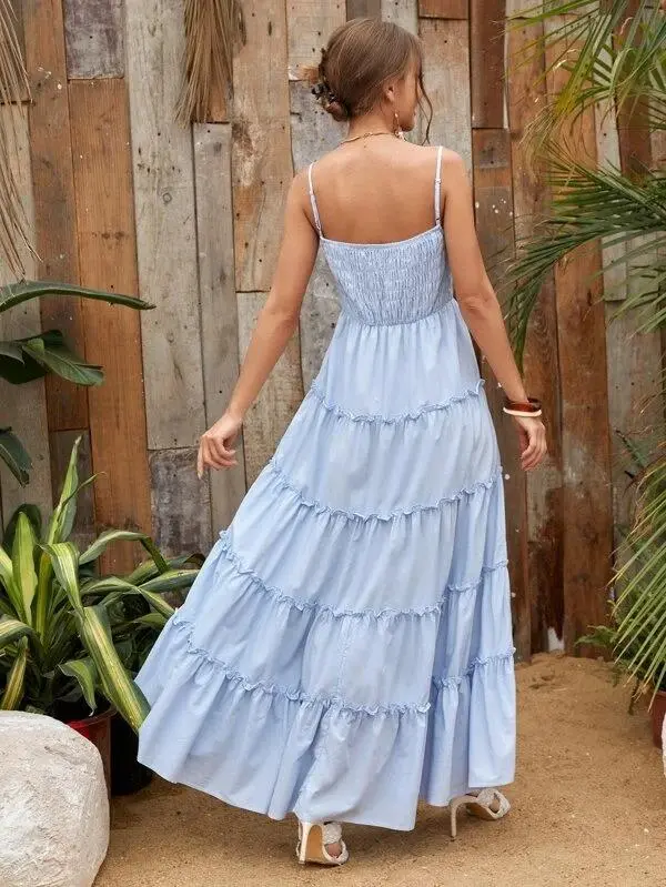 Women Shirred Detail Frill Layered Hem Cami Dress