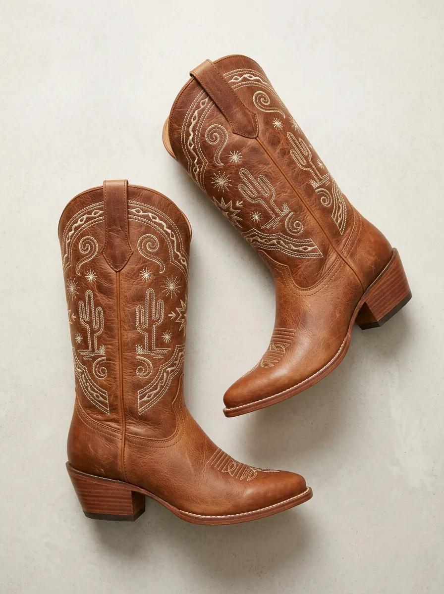 Women's Western Cowboy Cactus Star Heart Embroidered Cowgirl Boots