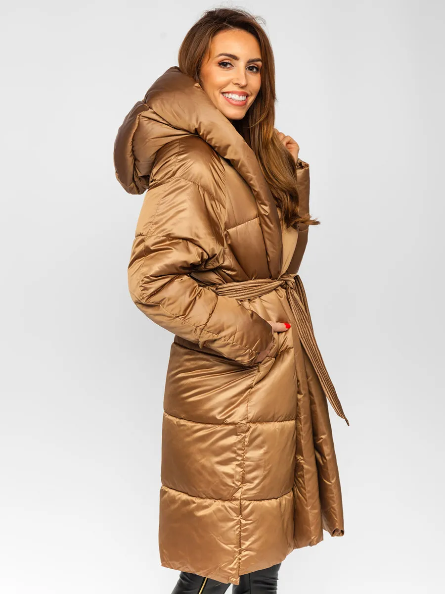 Camel women's long quilted winter jacket with hood