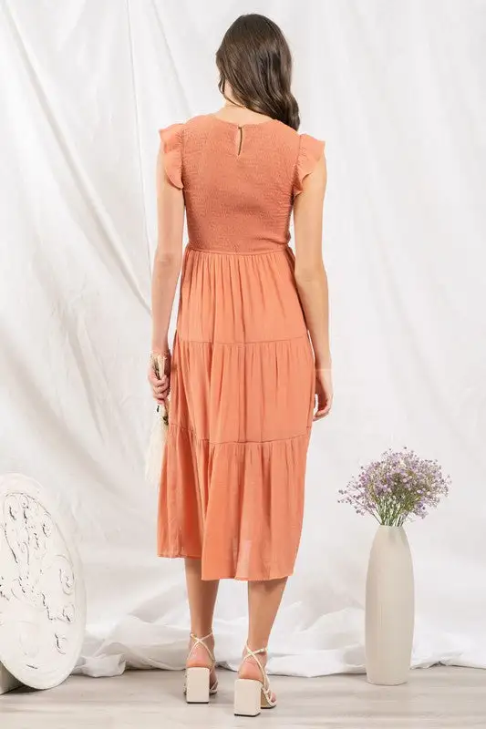 Ruffle Cap Sleeve Midi Dress