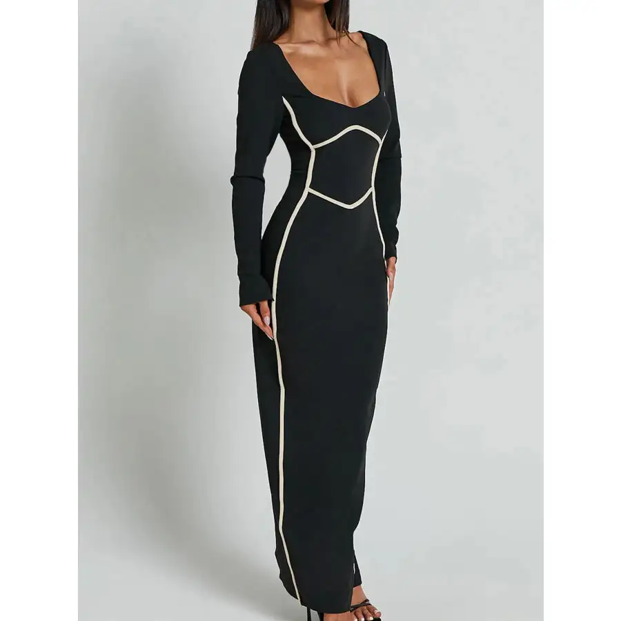 Contrast Trim Long Sleeve Bodycon Maxi Dress