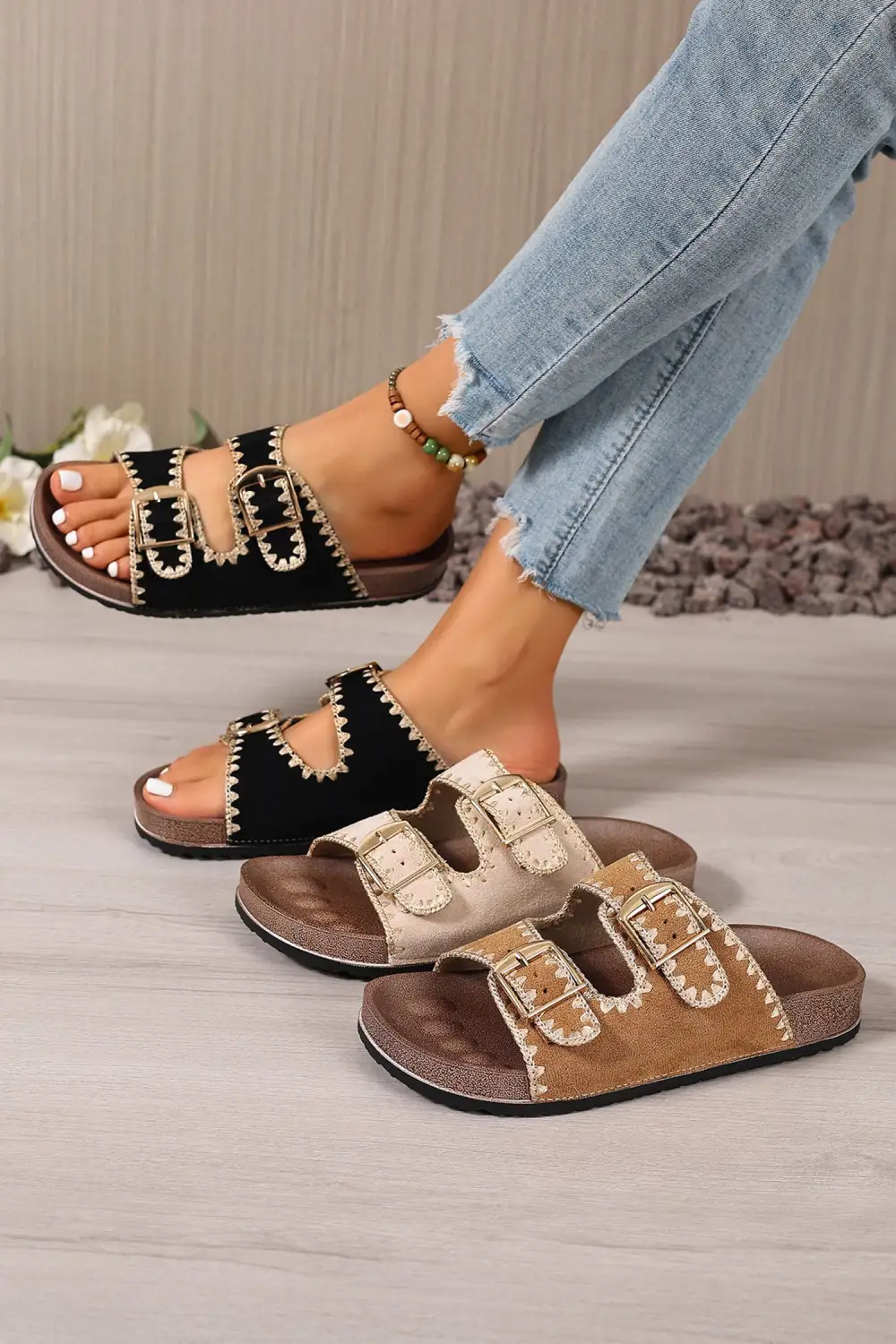 Embroidered Trim Buckle Flat Sandals