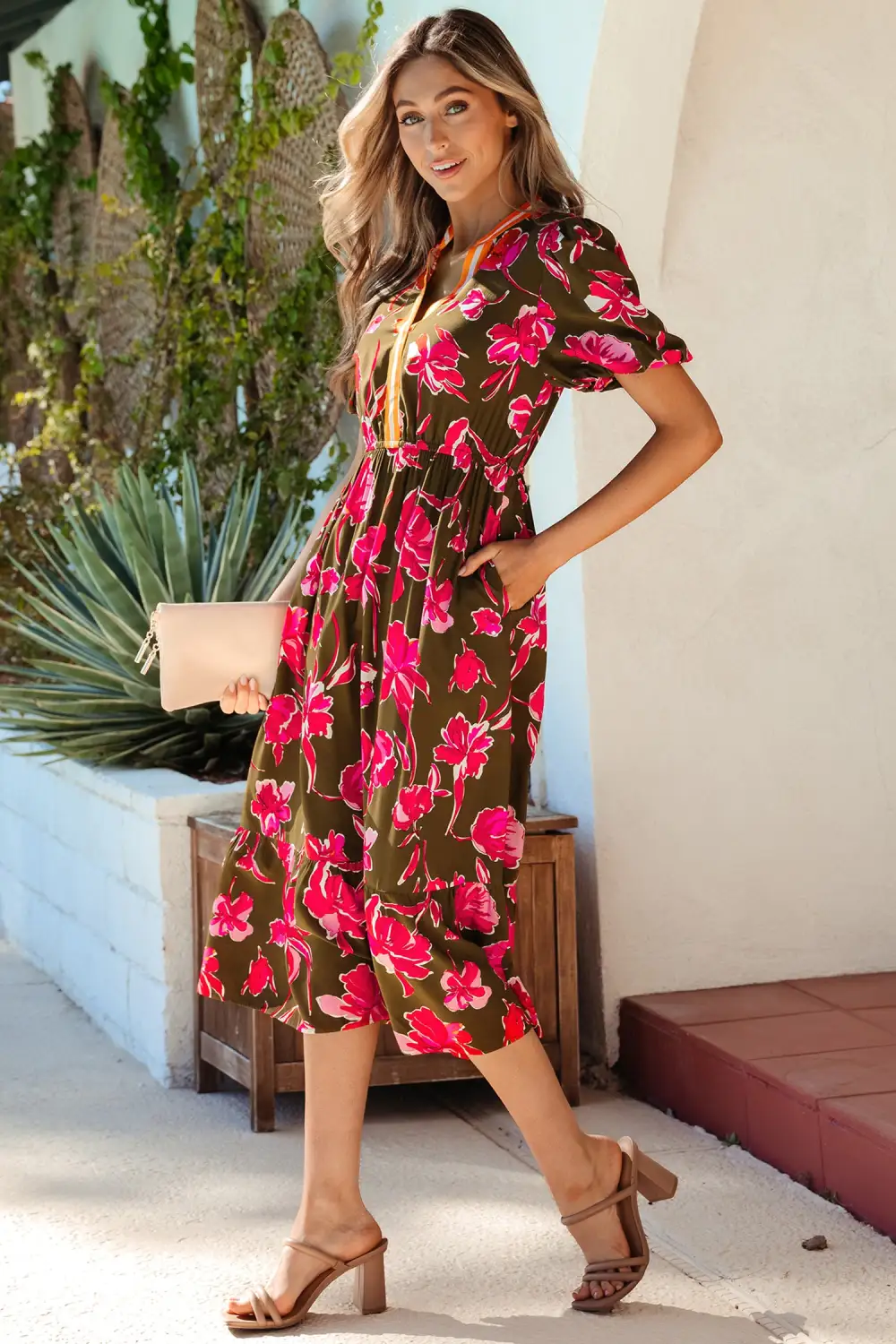 Floral Striped Split Neck Maxi Dress