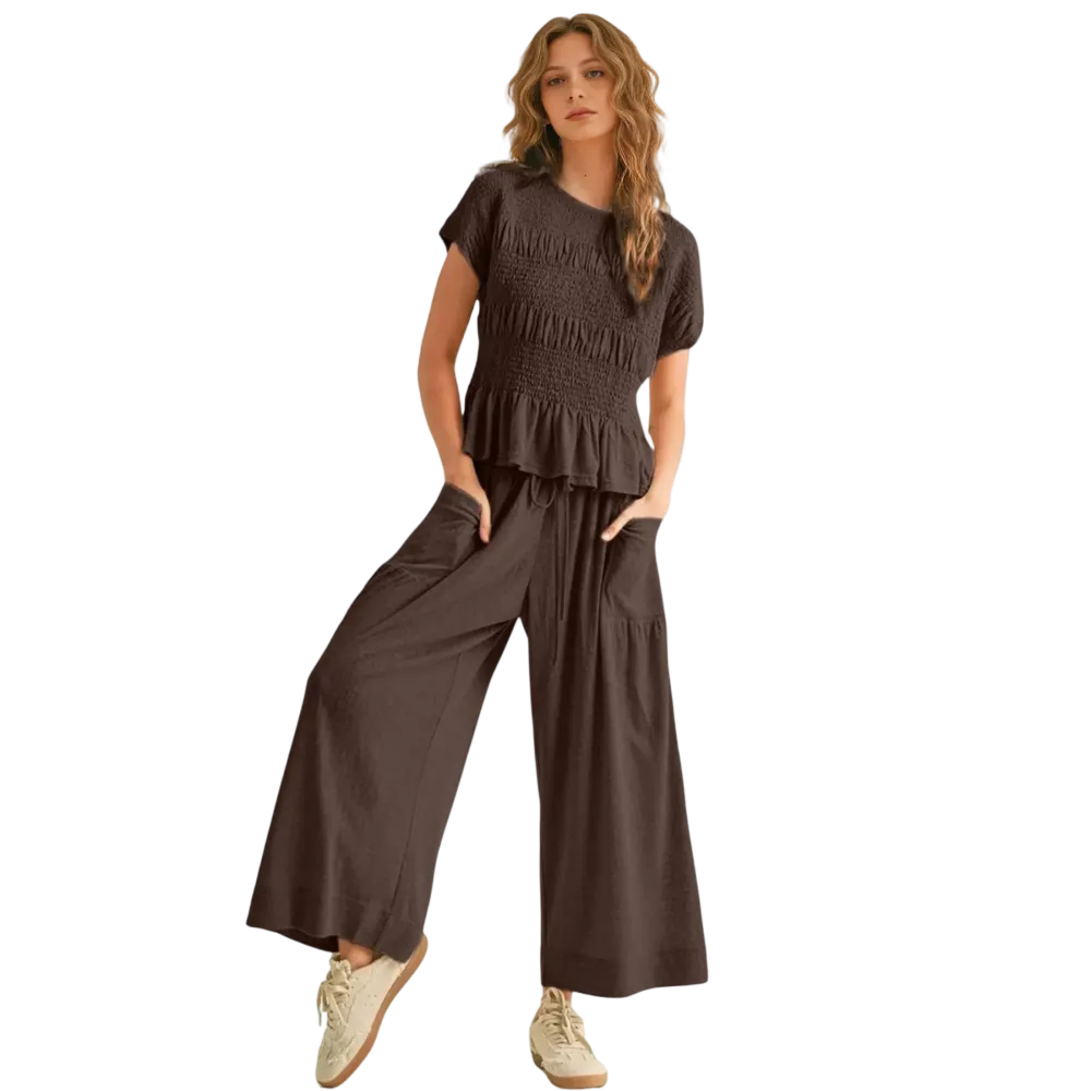 Women's Boho Chic Pleated Top & Wide-Leg Set
