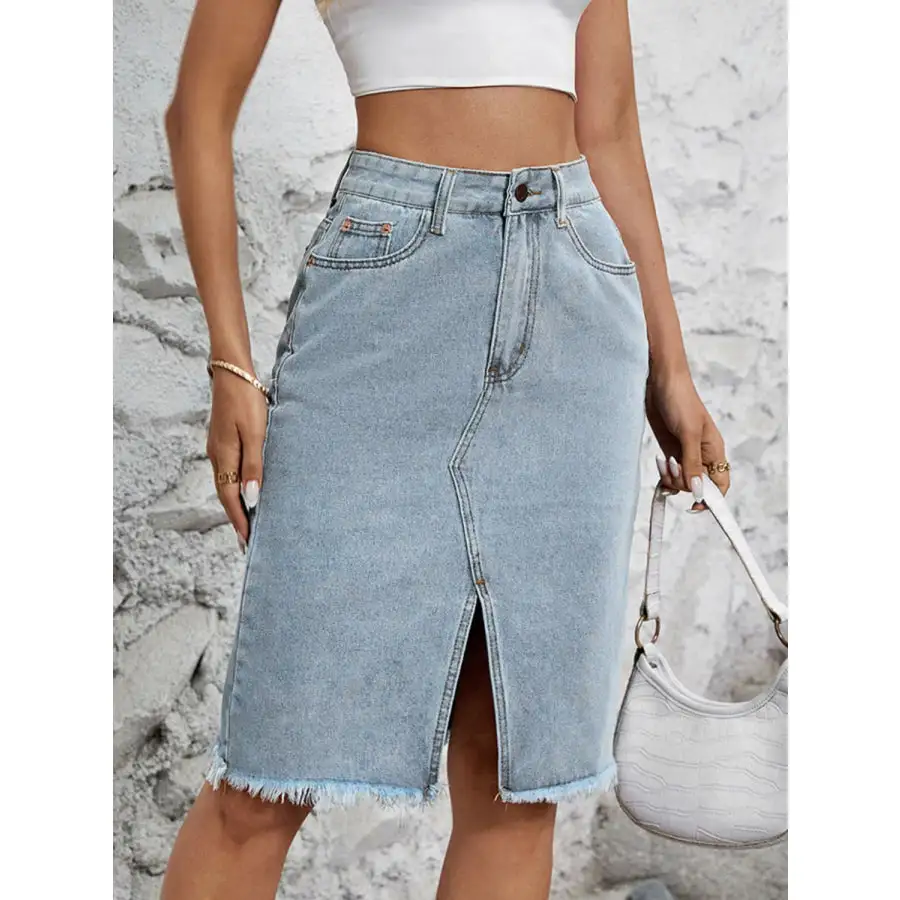 Raw Hem Slit Denim Skirt