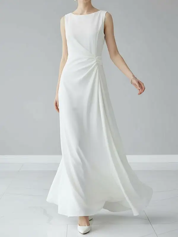 Gauze Pleated Sleeveless Neck Maxi Dress